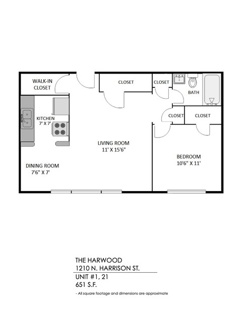 Floor plan for 1 bed, 1 bath, 651 sqft